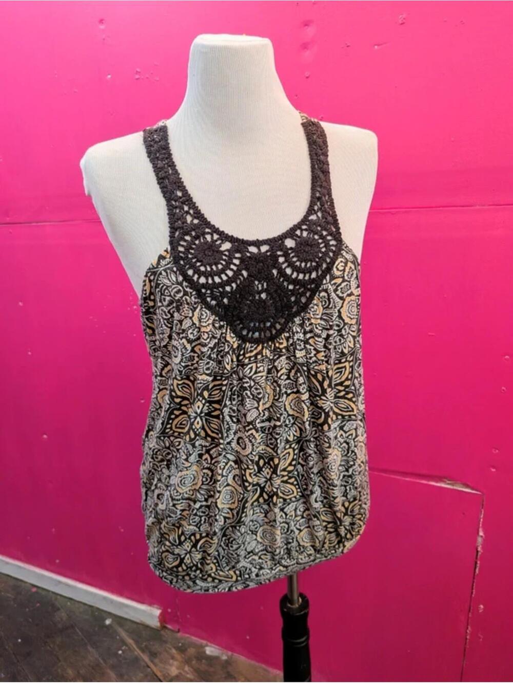 Black Crochet Tank Top Floral Halter Boho Top L